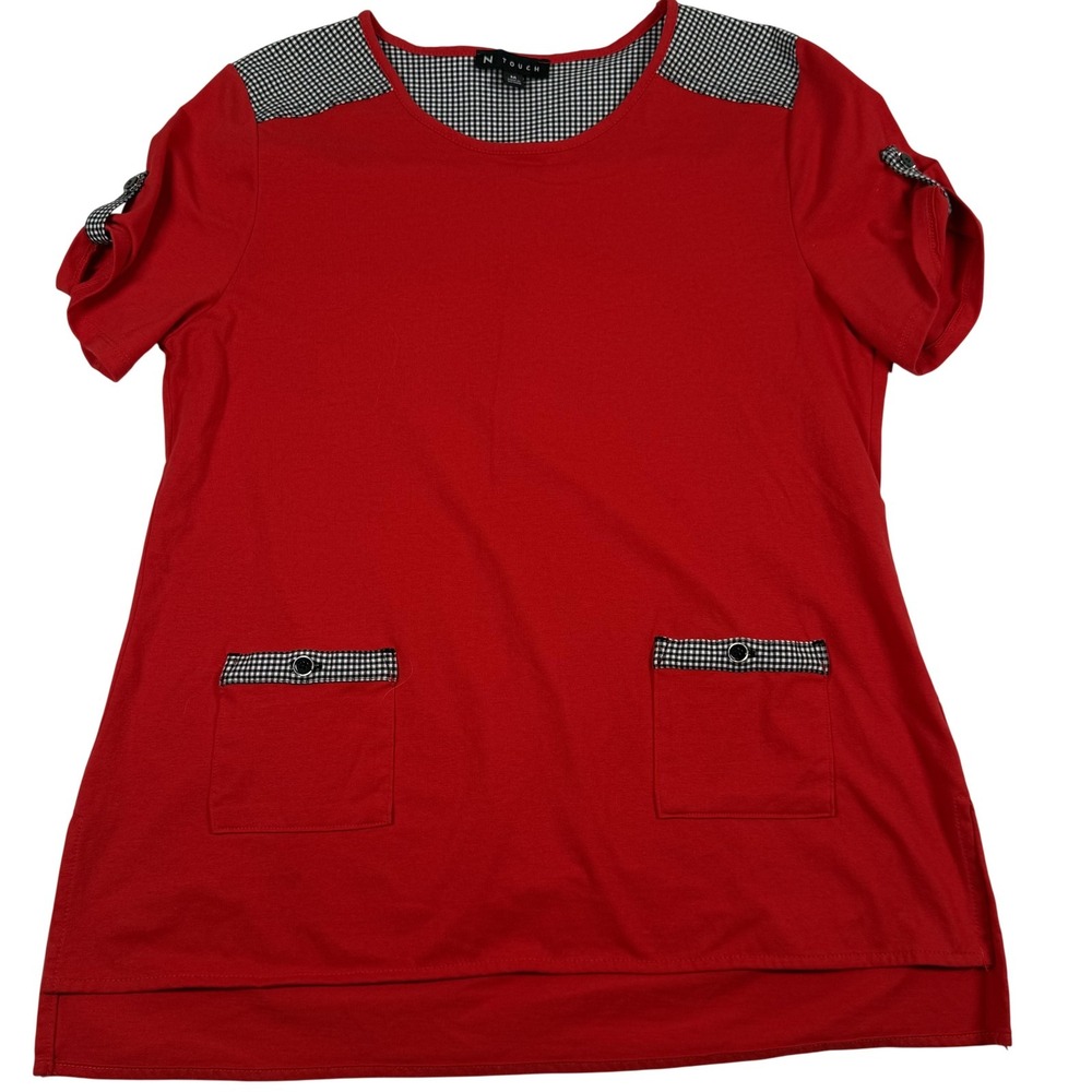N‎ Touch Shirt Medium Red Gingham Trim Tunic Top Pockets Stretch Grannycore Chic